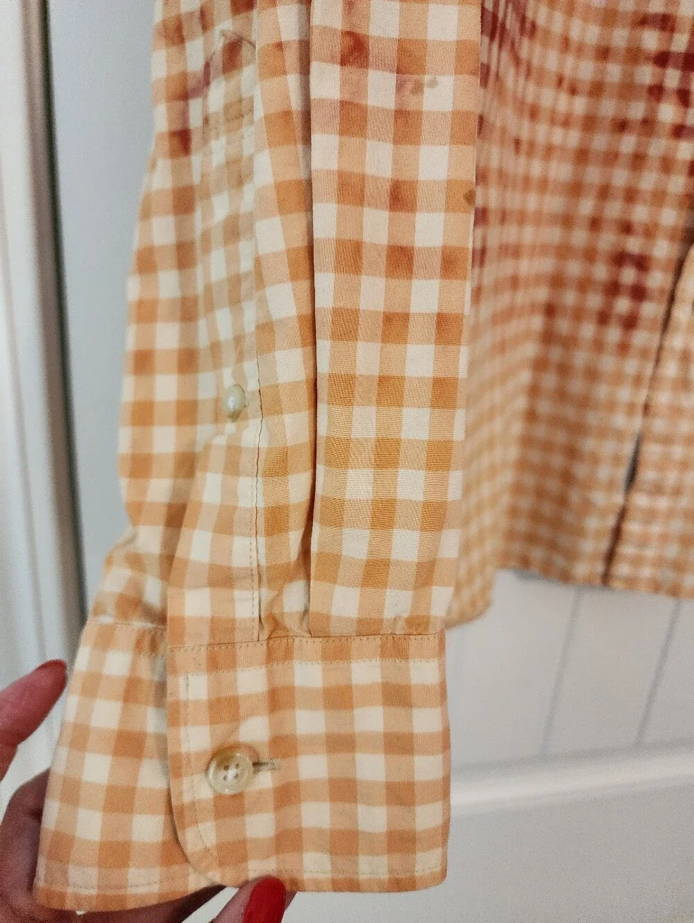 J Crew Country Christmas Red Gingham Teastained Santa Shirt PTP 22.5